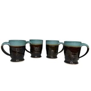 Royce Yoder Mugs Set of 4‎ Blue Teal Brown Stoneware Copper Black Glaze Pottery